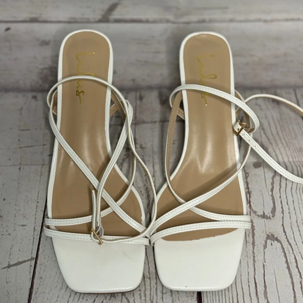 Lulus White Strappy Block Heel Sandals Square Toe Mid Heel Womens 8.5‎
